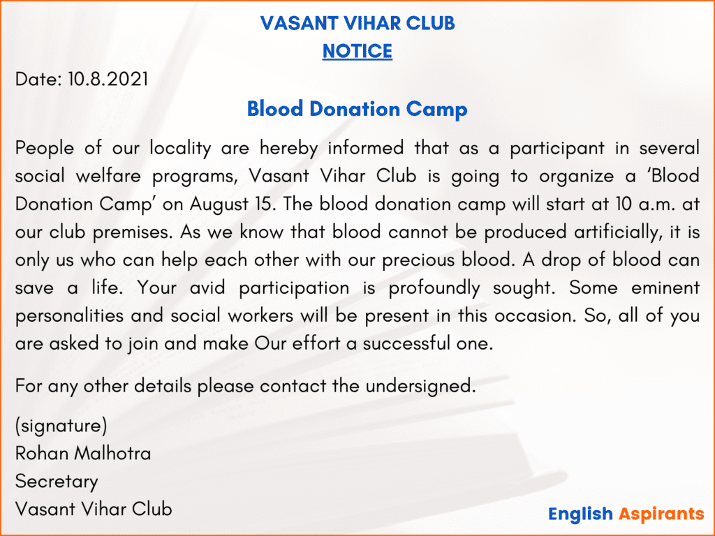 Blood Donation Camp Notice Writing for Students