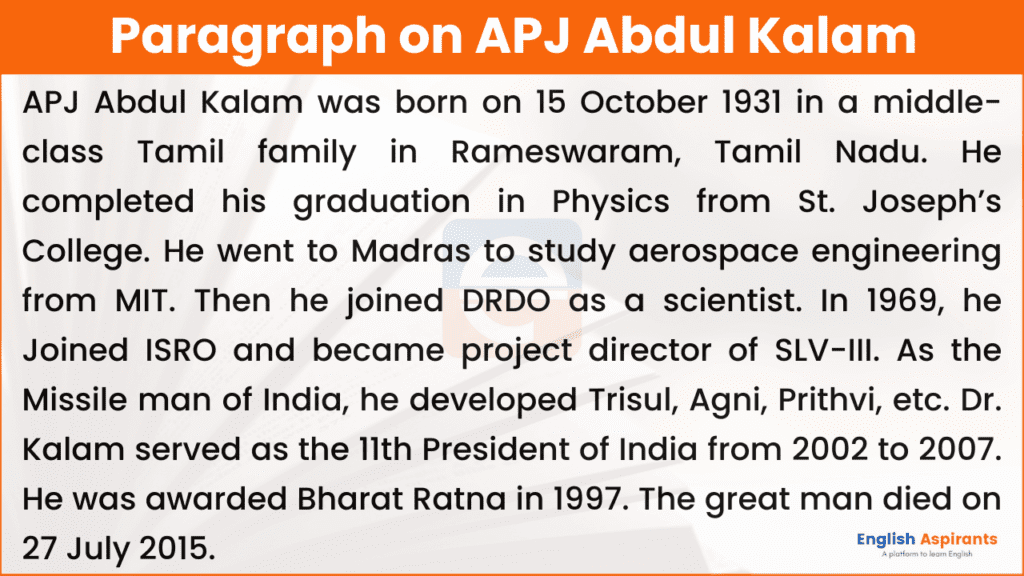 paragraph on apj abdul kalam in english