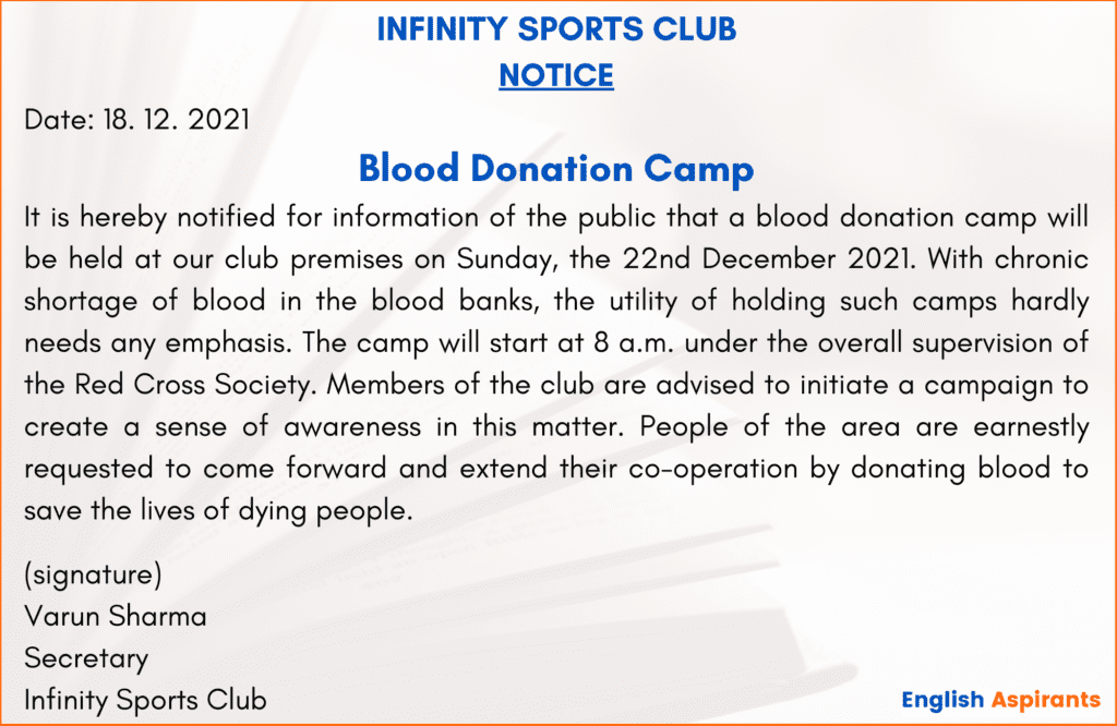Blood Donation Camp Notice Writing