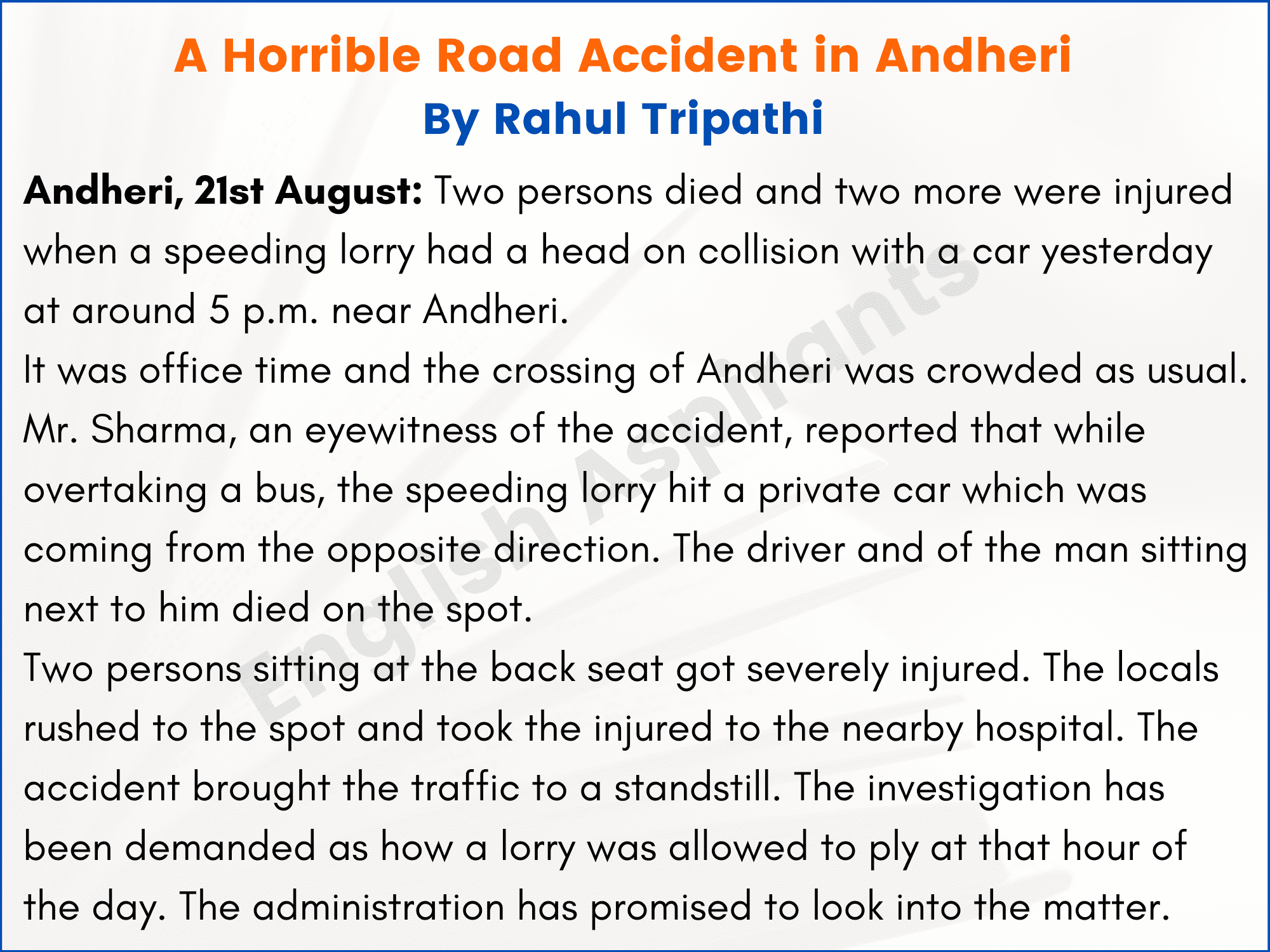 Report Writing on Road Accident