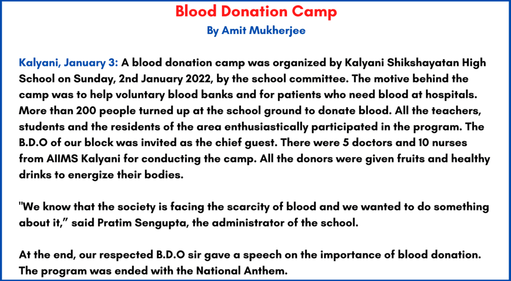 Report Writing on Blood Donation Camp in Your School
