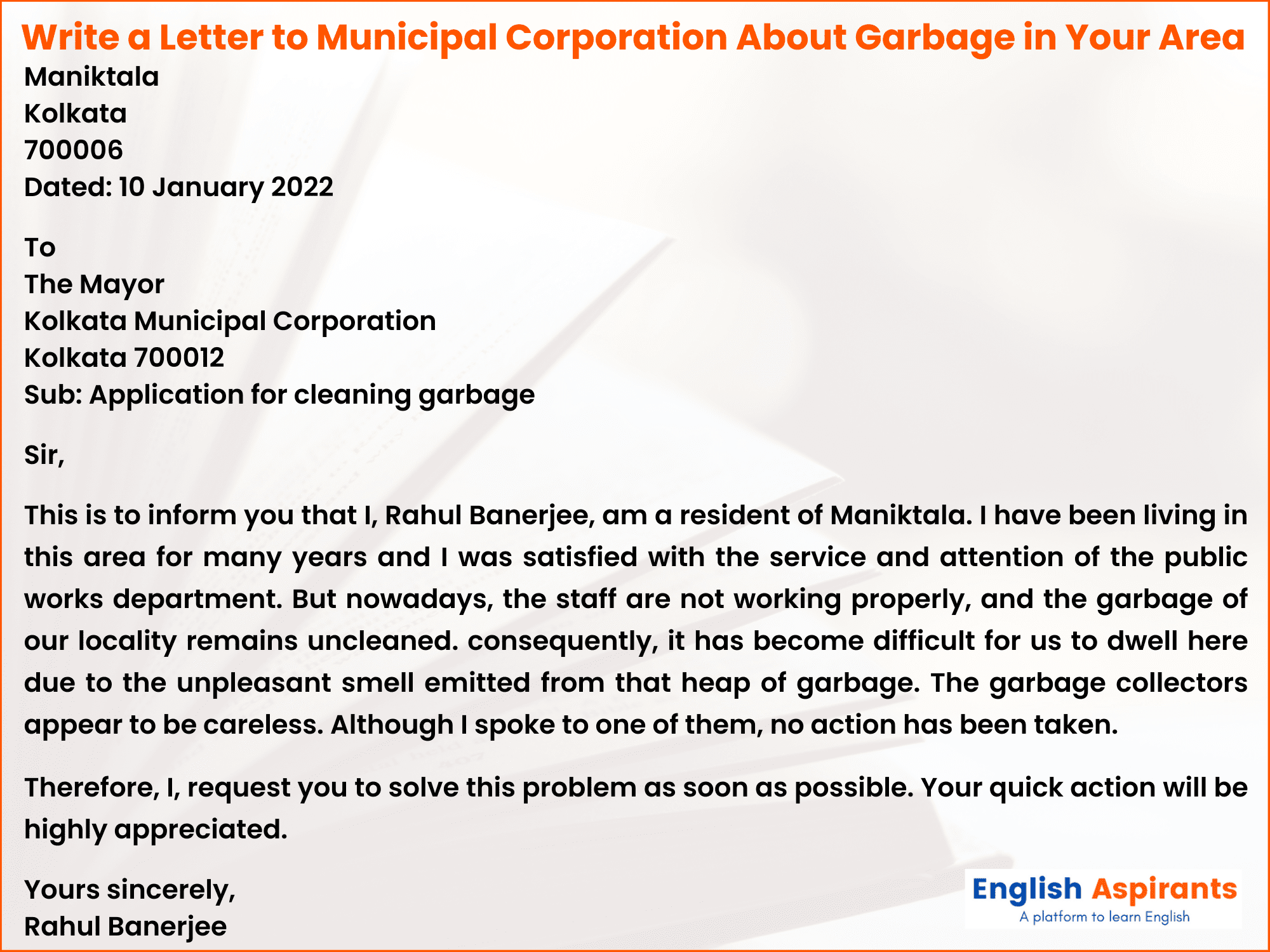Write a Letter to Municipal Corporation About Garbage in English
