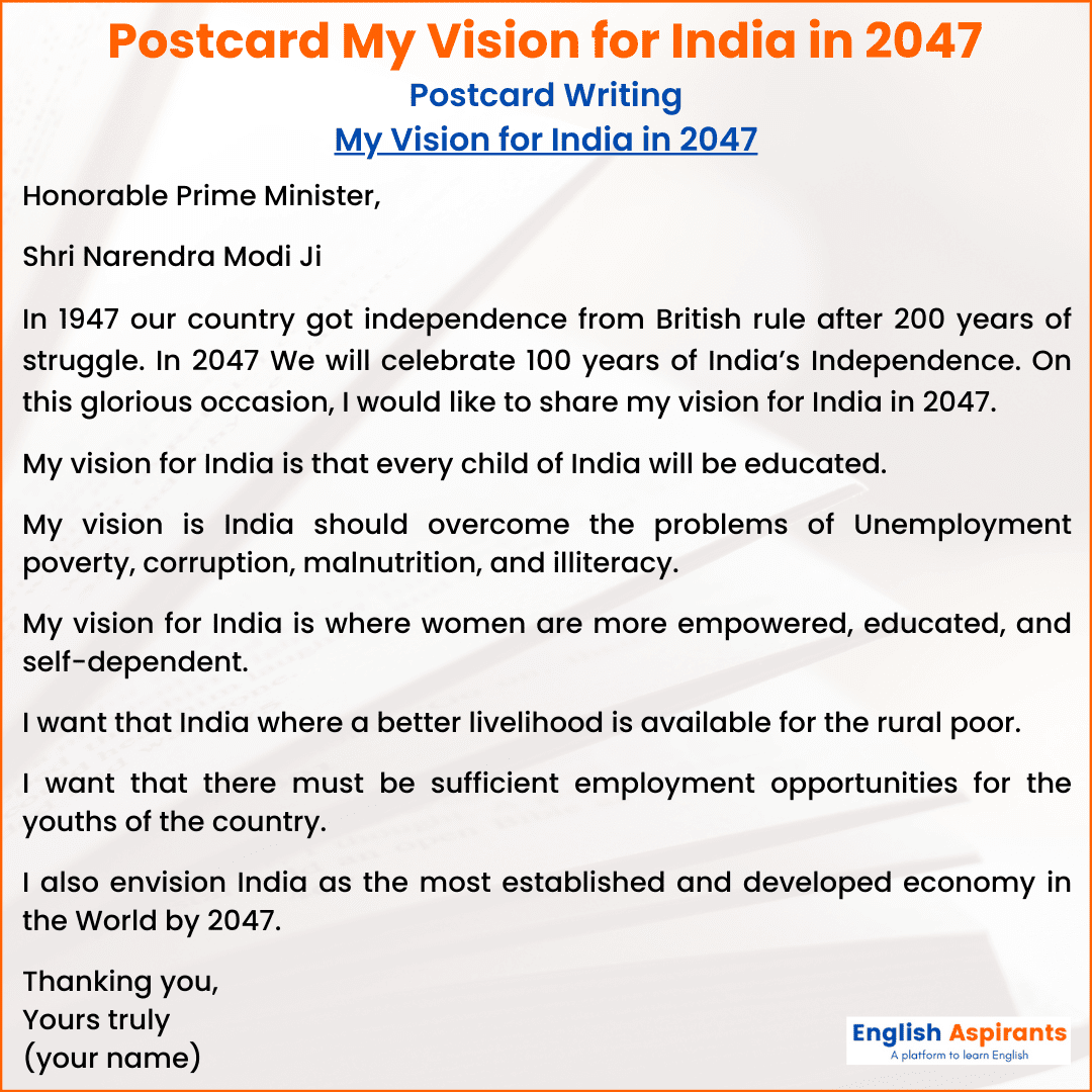 My Vision for India in 2047 Postcard Writing