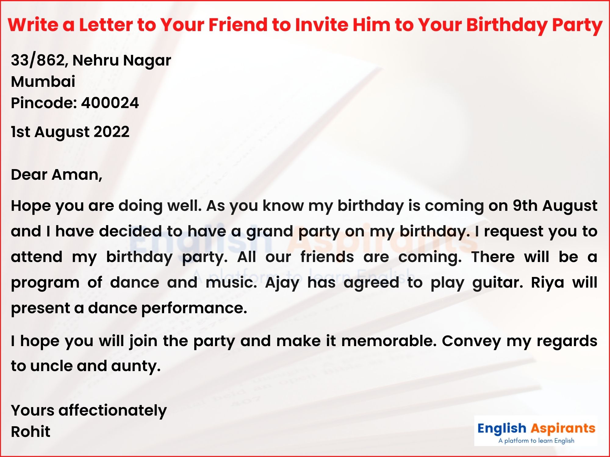Write a Letter to Your Friend to invite him to Your Birthday Party
