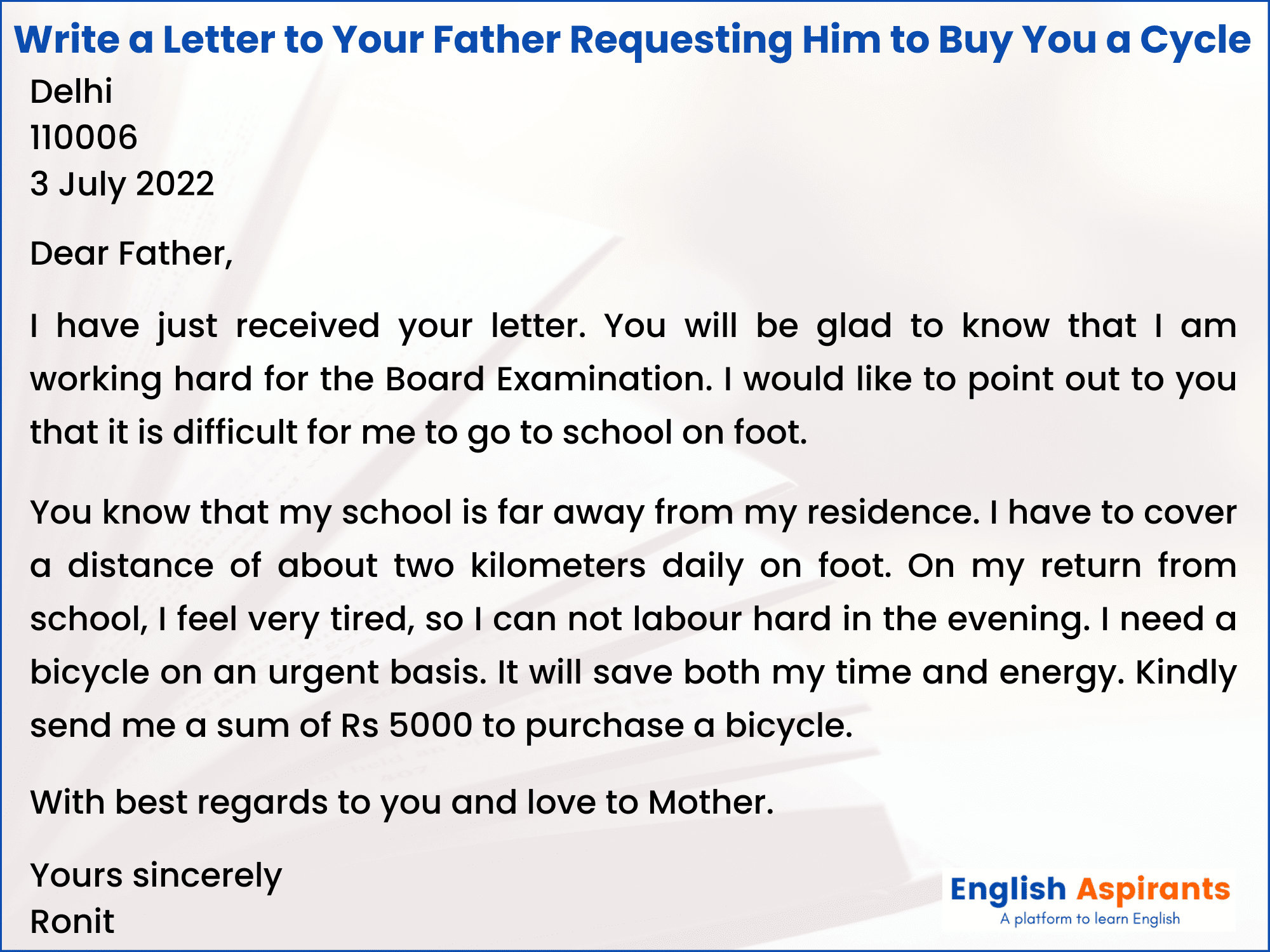 Write a Letter to Your Father Requesting Him to Buy a Cycle for You