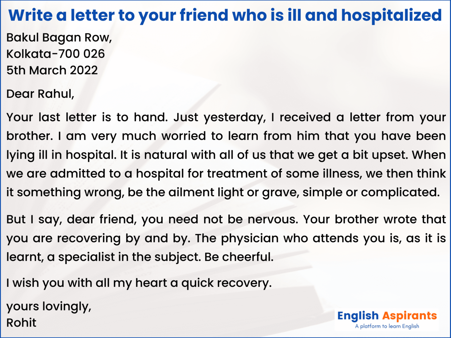 write a letter to your friend who is in hospital