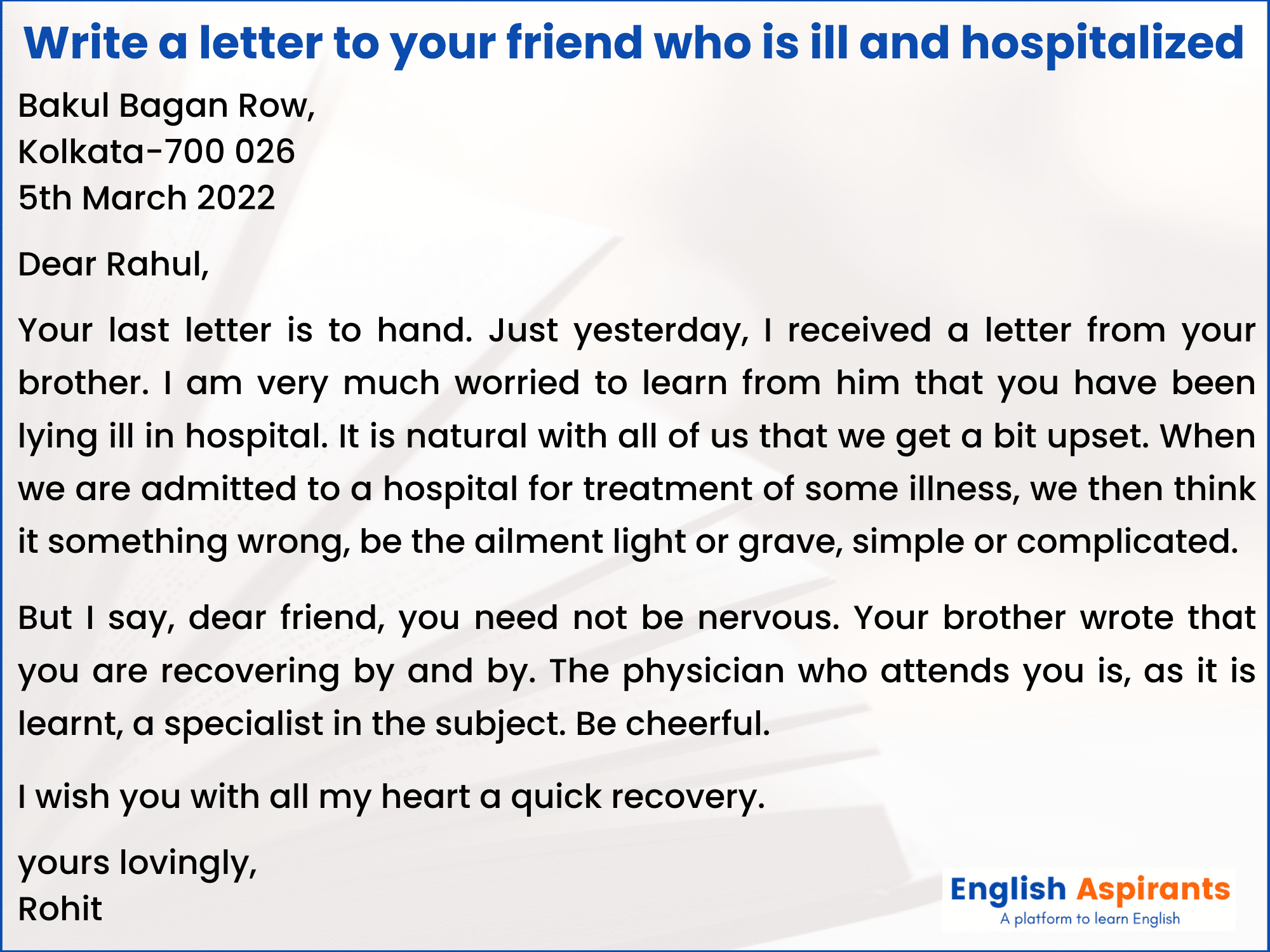 Write a letter to your friend who is ill