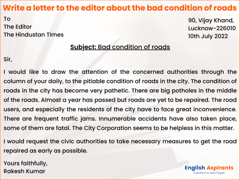 Letter To The Editor About Bad Condition Of Roads 5 Examples 
