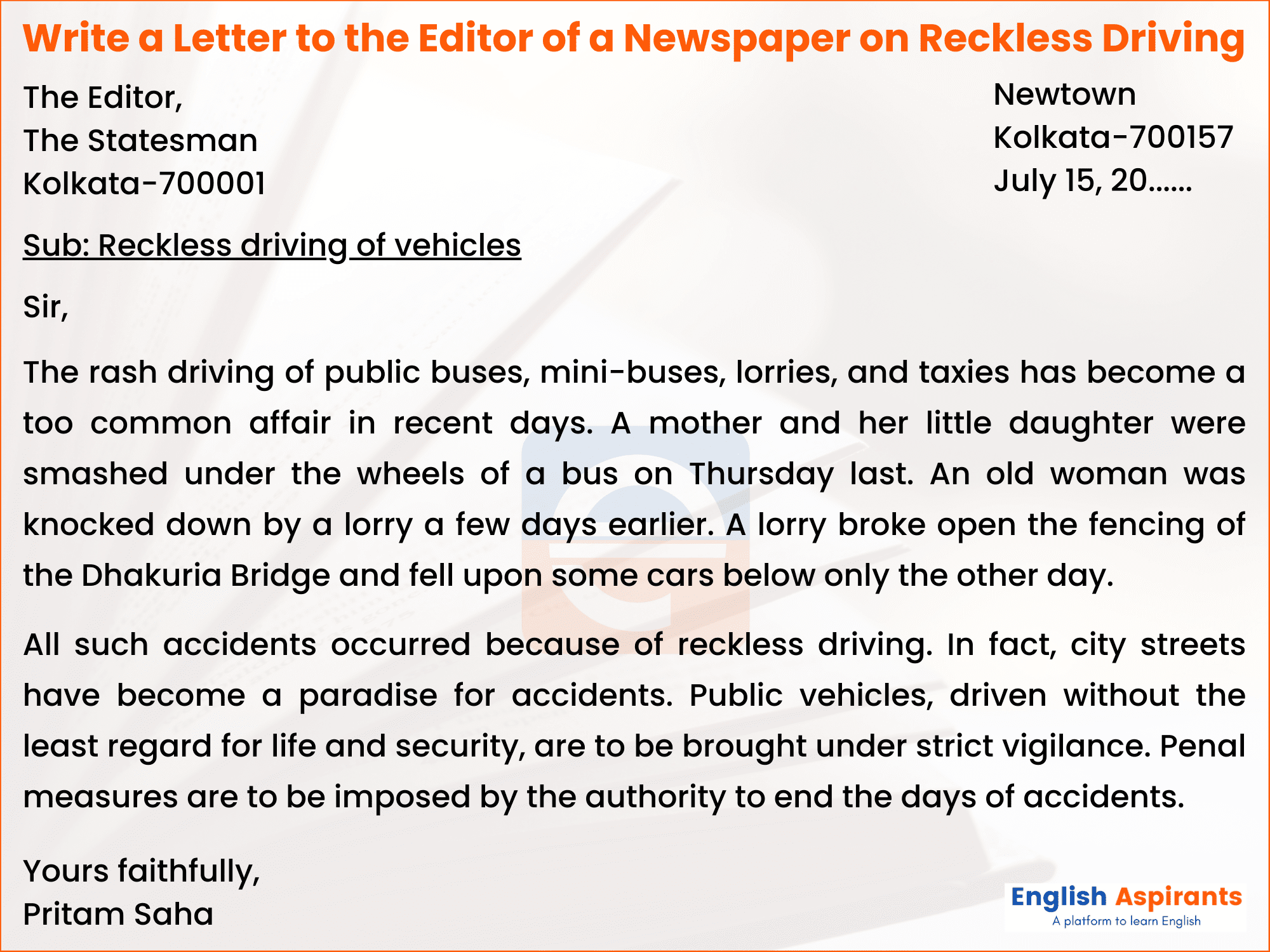 write a letter to the editor about reckless driving	