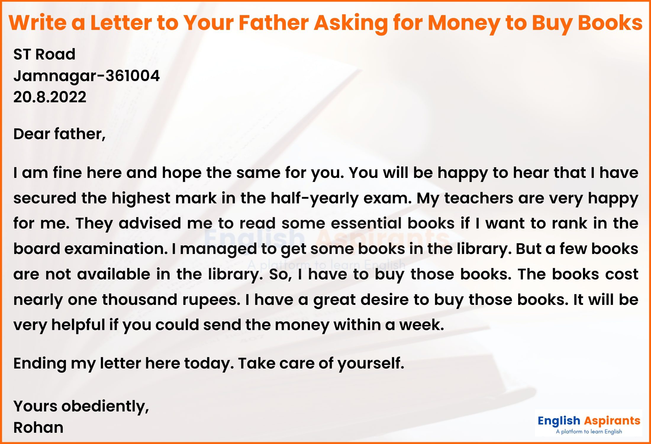 write a letter to your father asking for money to buy books