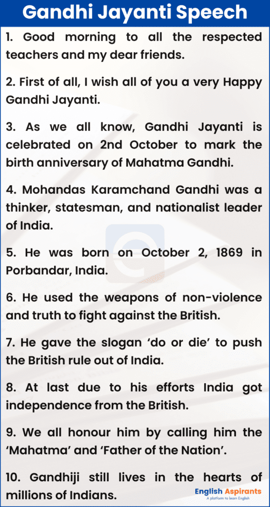 Gandhi Jayanti Speech in English 10 Lines - 2nd October 2024