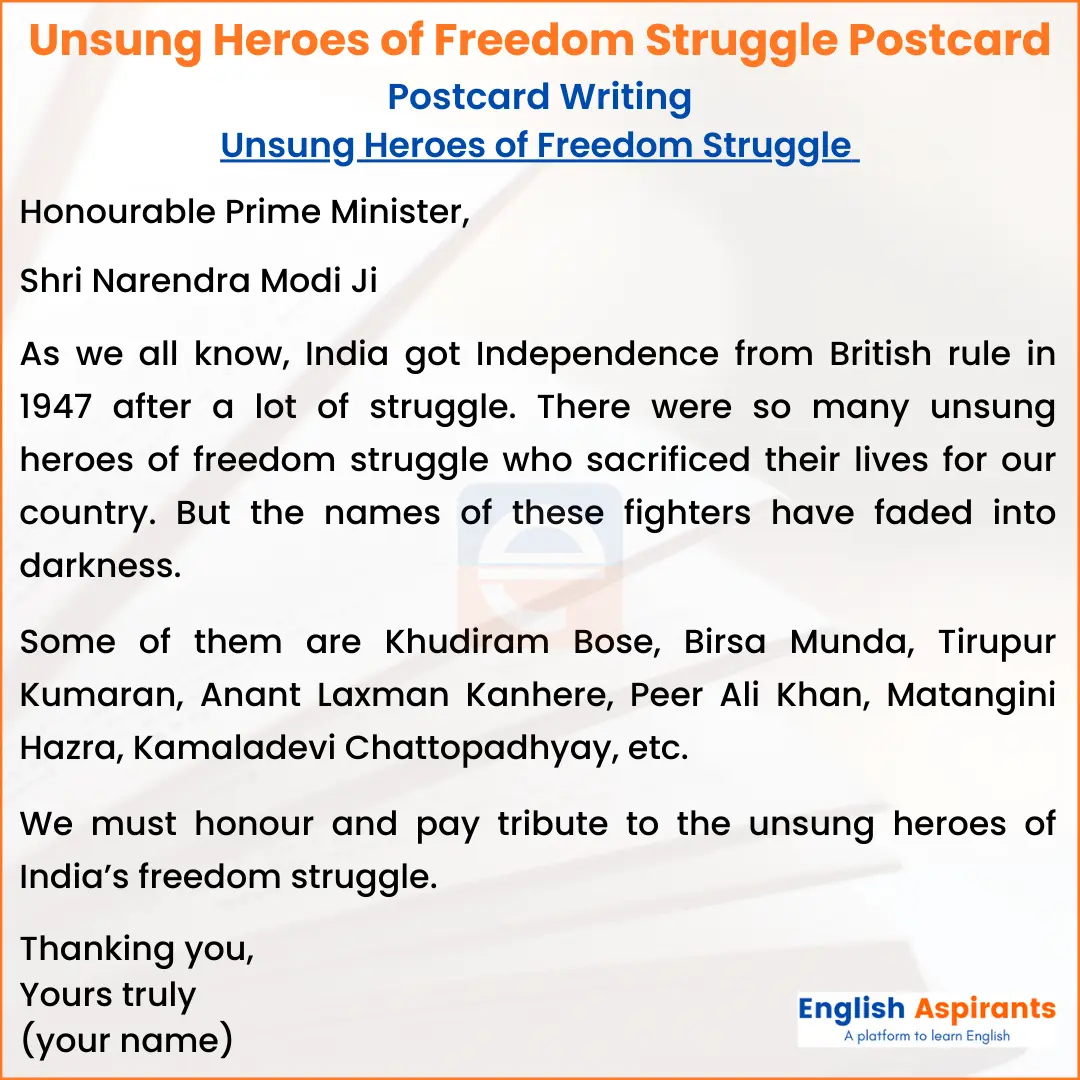 unsung heroes of freedom struggle postcard writing in English