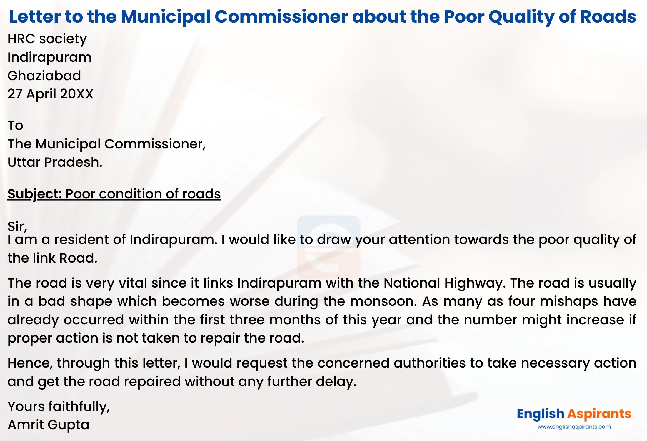 Write a Letter to the Municipal Commissioner about the Poor Quality of Roads in Your Locality