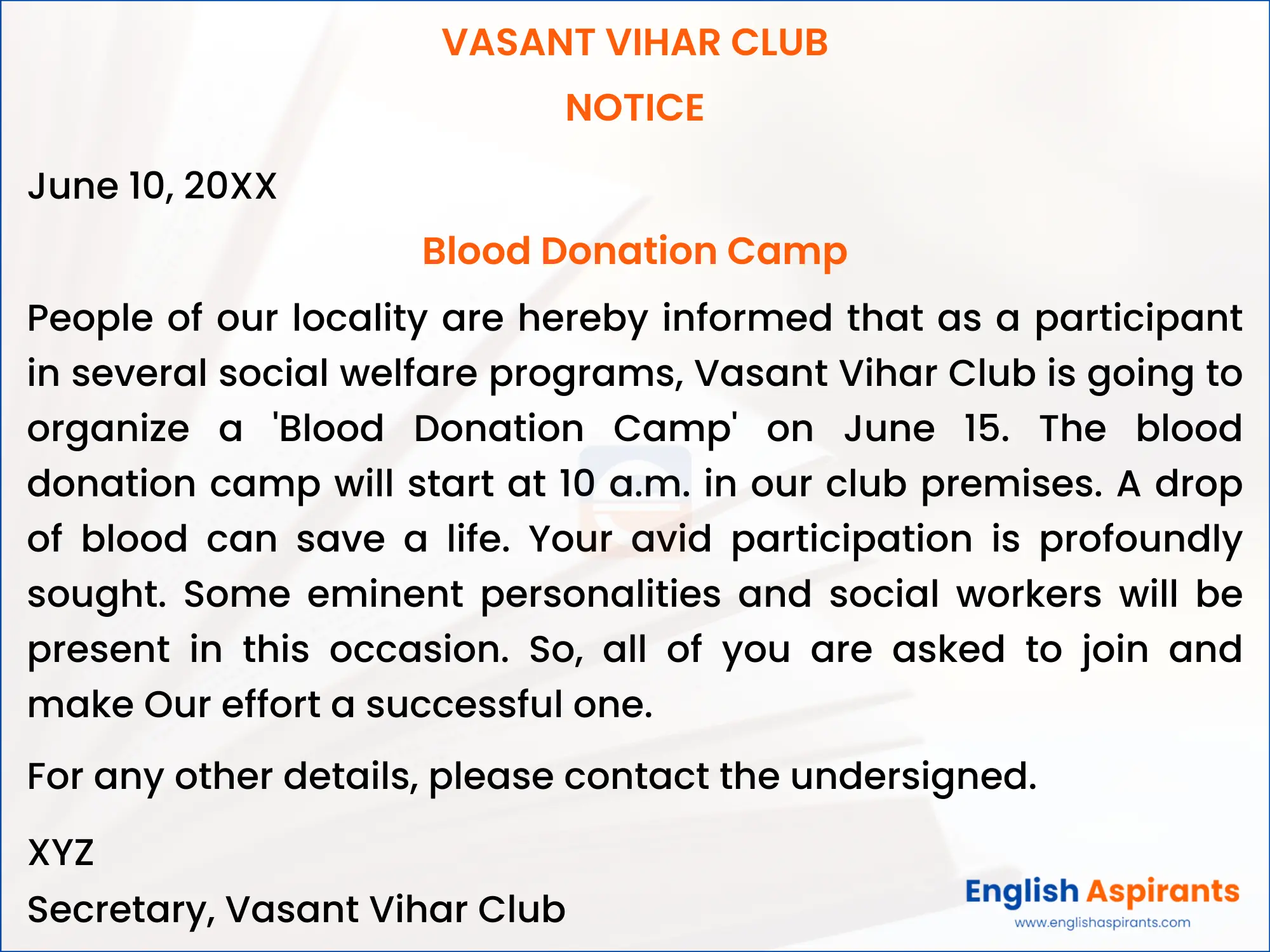 Blood Donation Camp Notice Writing 
