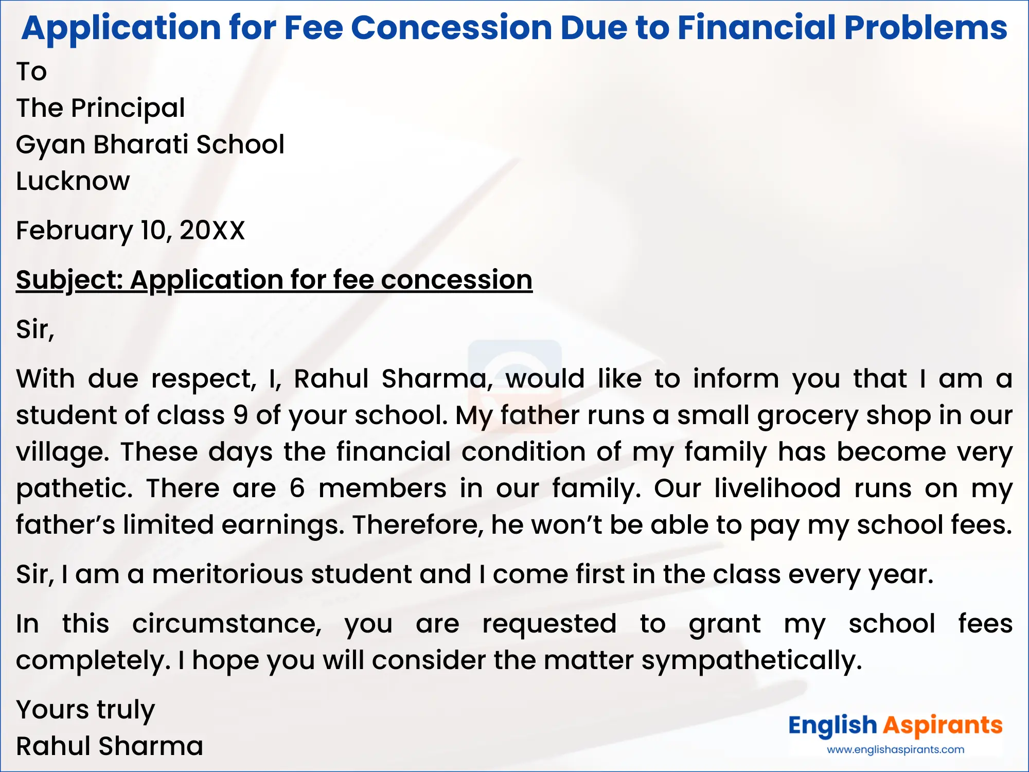 application for fee concession due to financial problems