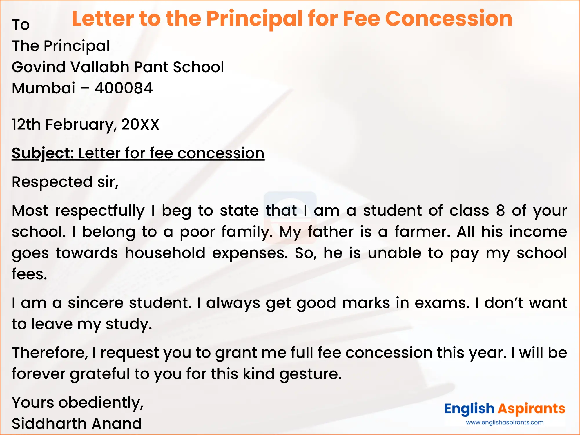 Letter to principal for fee concession