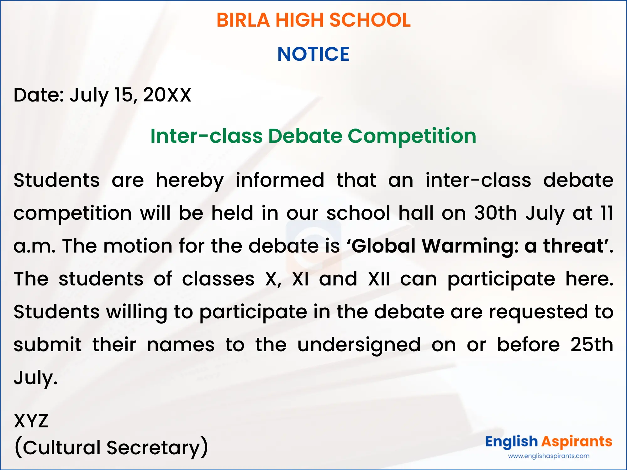 notice writing on debate competition