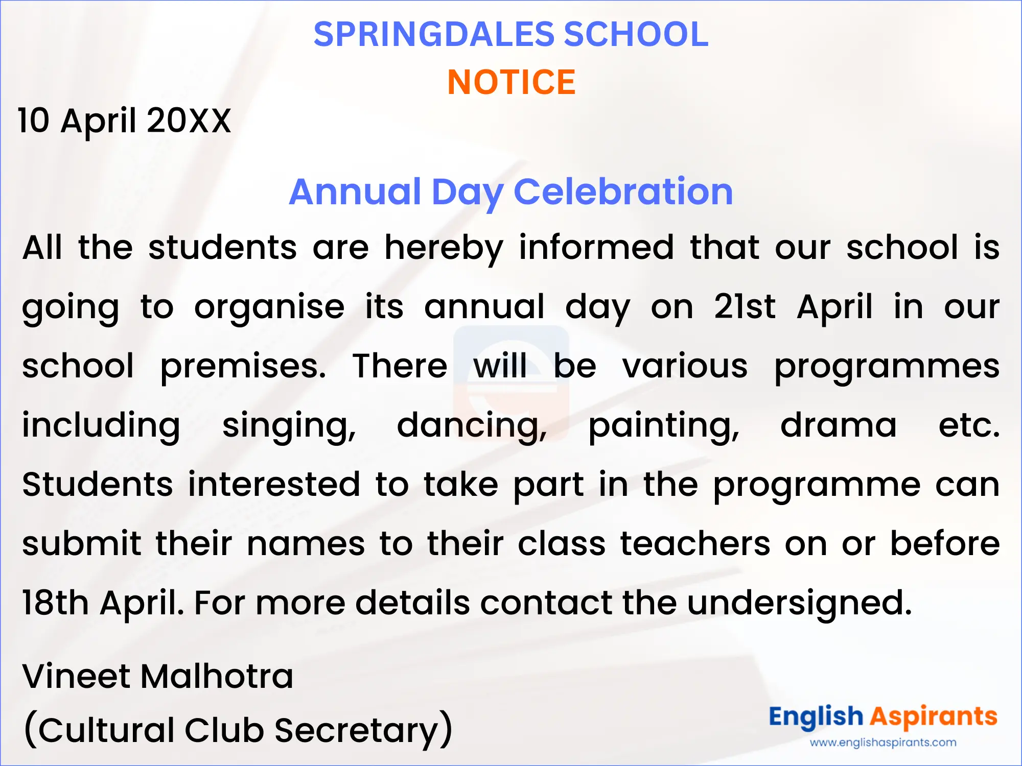 Annual Day Celebration Notice for Class 7