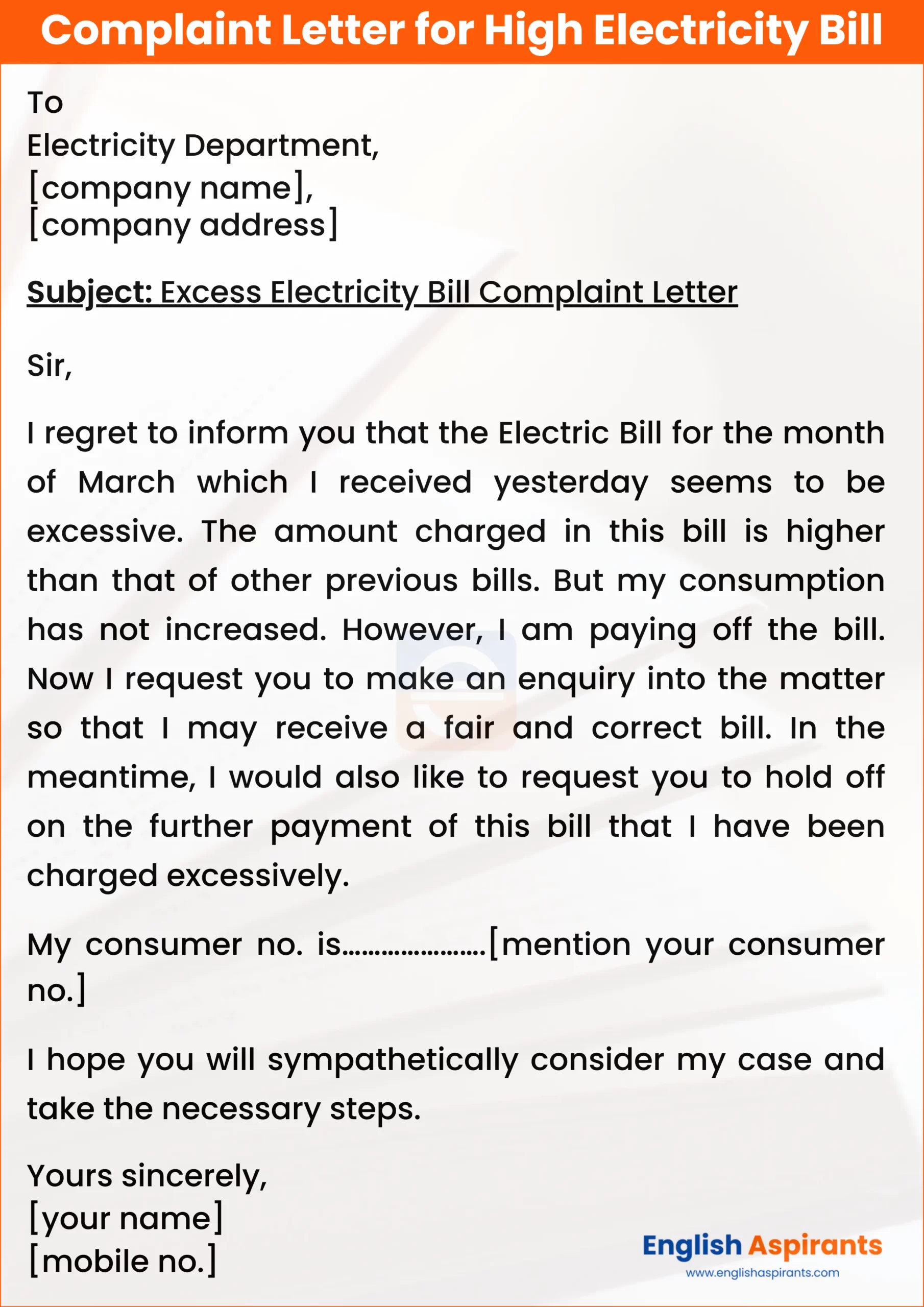Complaint Letter for High Electricity Bill in English
