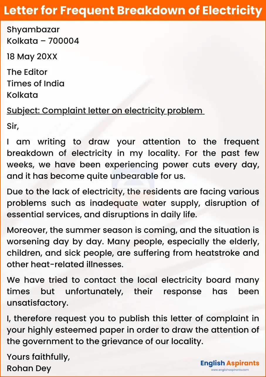 Letter to the Editor about Frequent Breakdown of Electricity