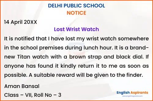 notice writing for class 7 lost and found