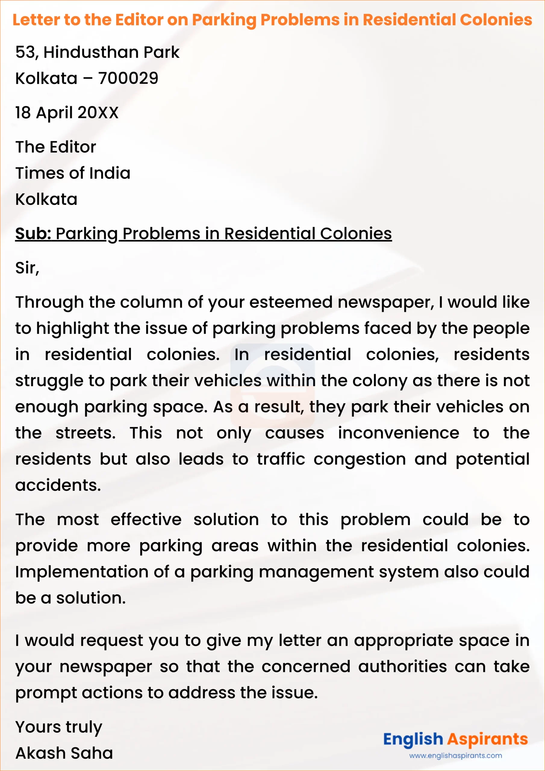 letter to the editor on parking problems in residential colonies