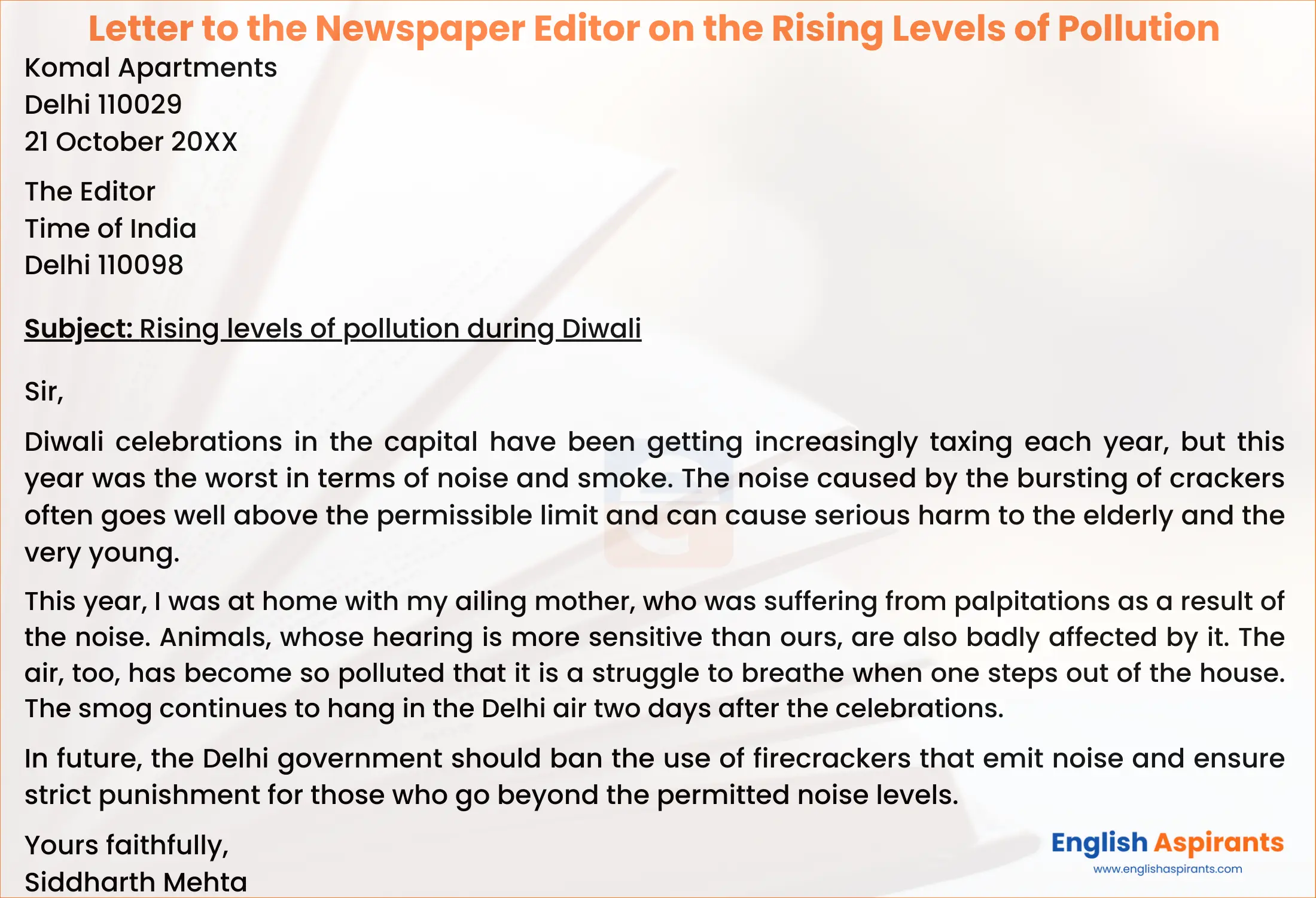 Letter to the Newspaper Editor on the Rising Levels of Pollution During Diwali