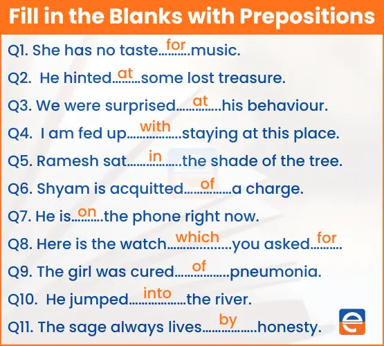 Fill in the Blanks with Suitable Prepositions with Answers