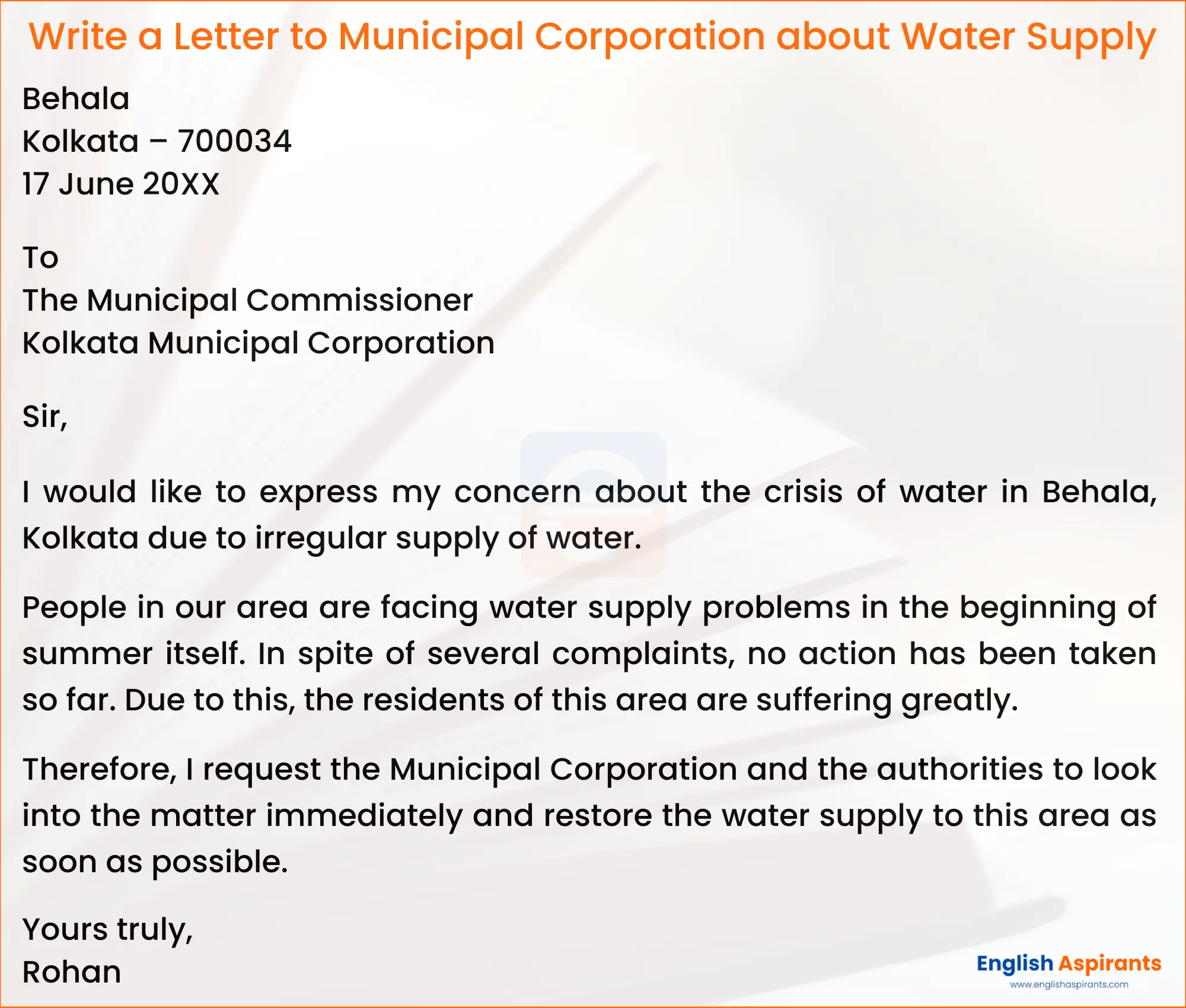 Write a Letter to Municipal Corporation about Irregular Water Supply